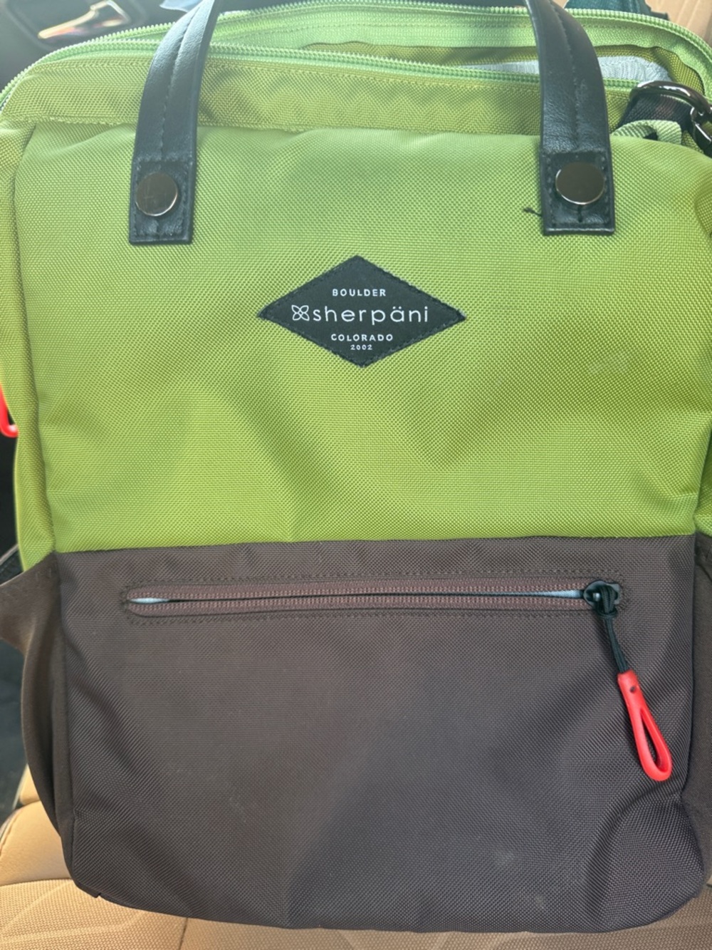 Sherpani Lime Green and Brown Men's   in women’s travel tote with two handles